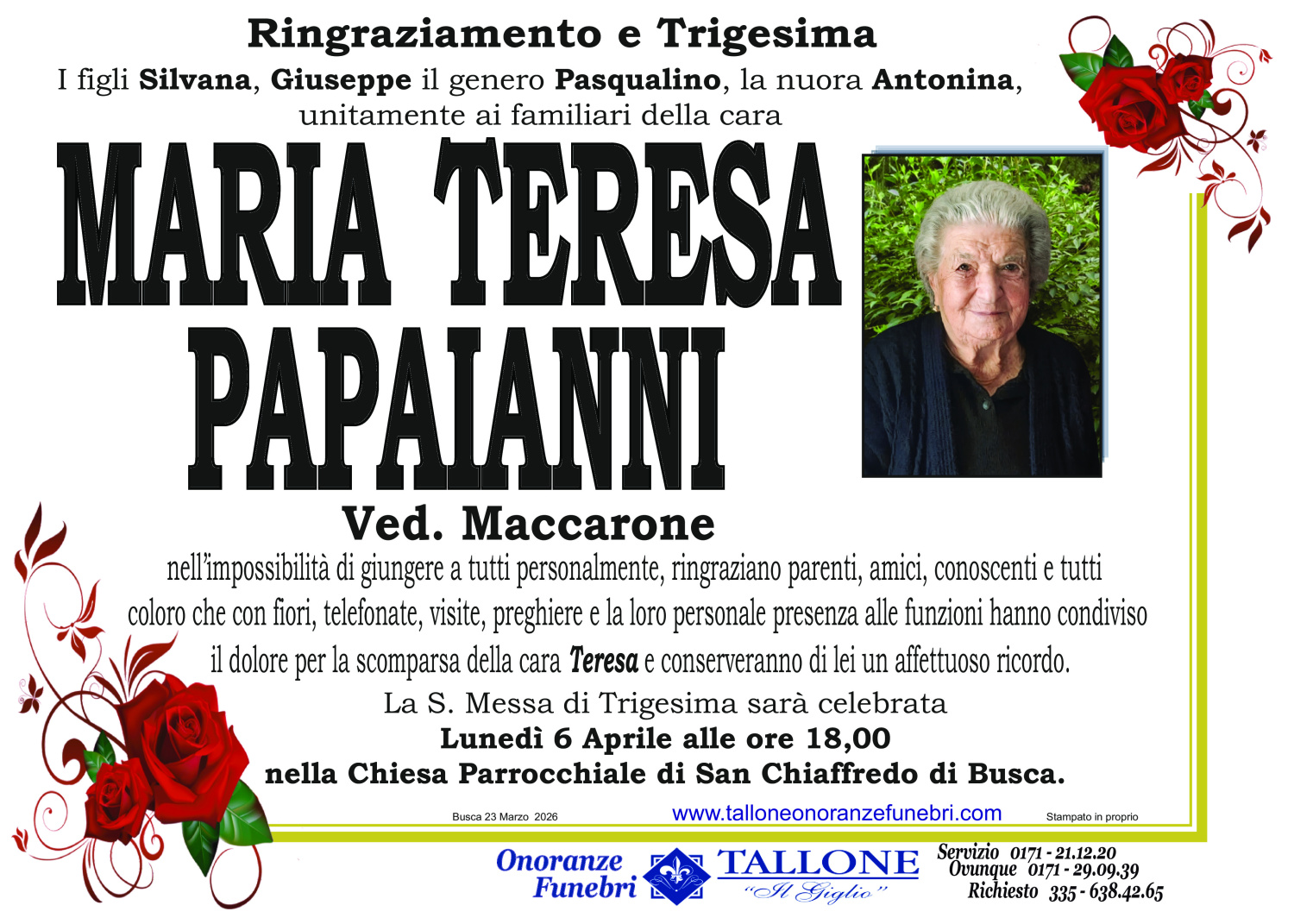 <br />
<b>Warning</b>:  Undefined variable $info in <b>/home/tallone/public_html/ringraziamenti.php</b> on line <b>68</b><br />
Maria Teresa Papaianni